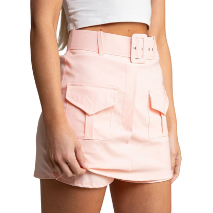 Belted Cargo Pockets Shorts Skirt Fuchsia