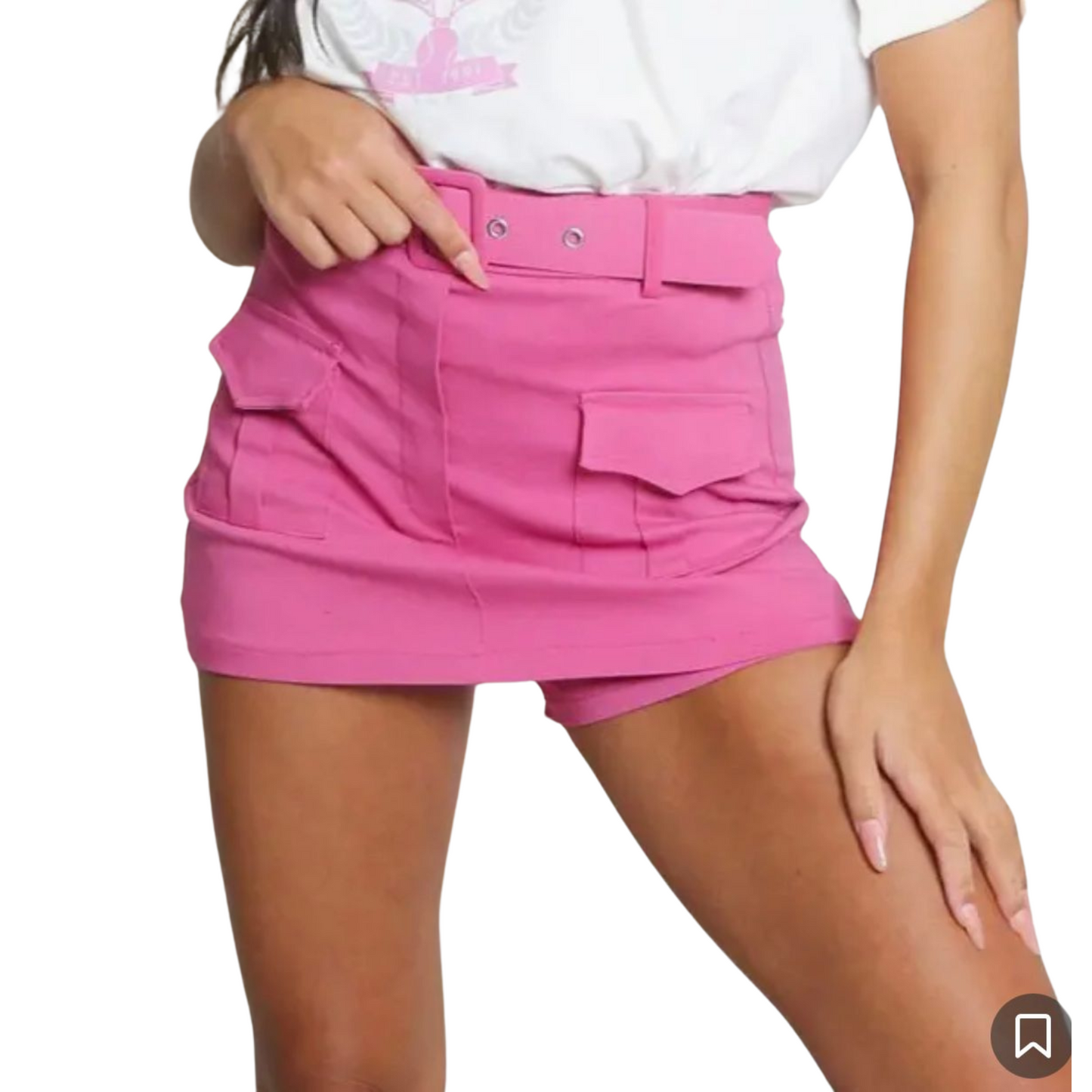 Belted Cargo Pockets Shorts Skirt Fuchsia