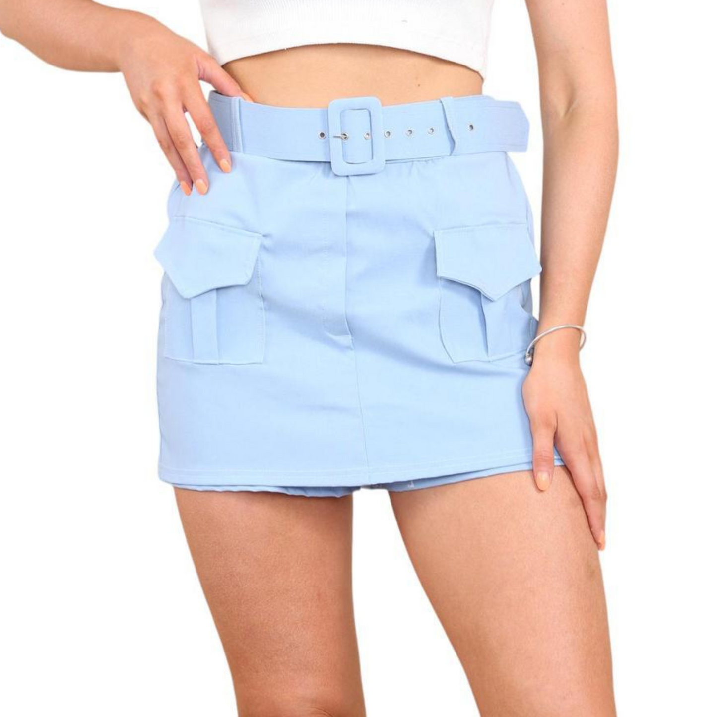 Belted Cargo Pockets Shorts Skirt Fuchsia