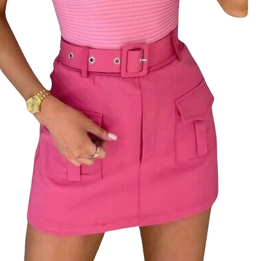 Belted Cargo Pockets Shorts Skirt Fuchsia