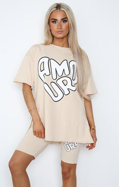 AMOUR Slogan Print Cycling Short & Side Slit T-Shirt Set