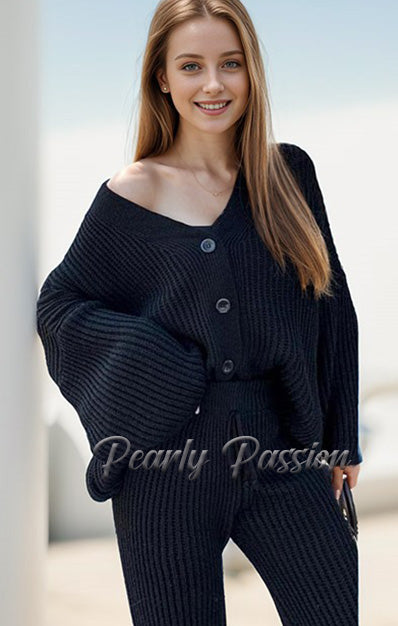 Chunky Knitted 4 Button Up Cardigan Wide Leg Trousers