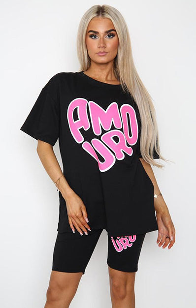 AMOUR Slogan Print Cycling Short & Side Slit T-Shirt Set