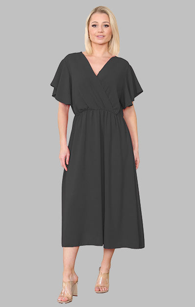 Wrap Over Ruched Waist Midi Dress