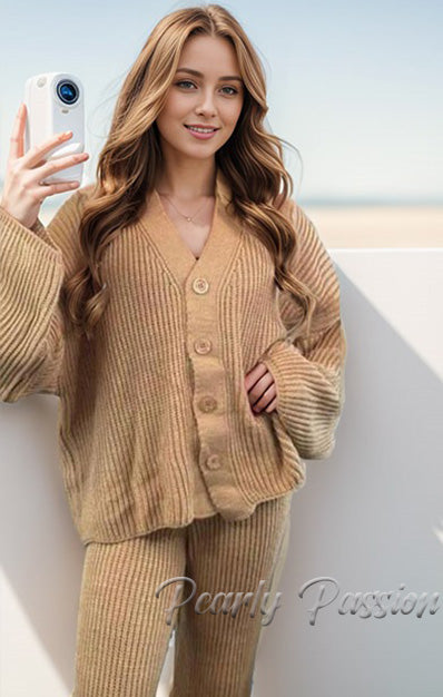 Chunky Knitted 4 Button Up Cardigan Wide Leg Trousers