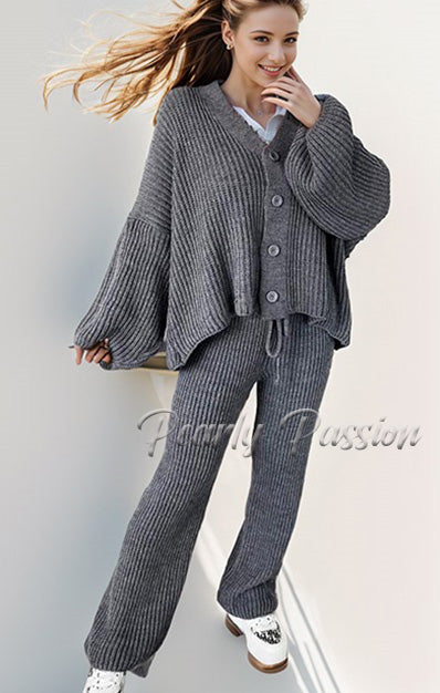 Chunky Knitted 4 Button Up Cardigan Wide Leg Trousers