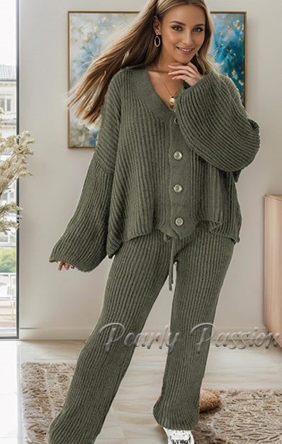 Chunky Knitted 4 Button Up Cardigan Wide Leg Trousers