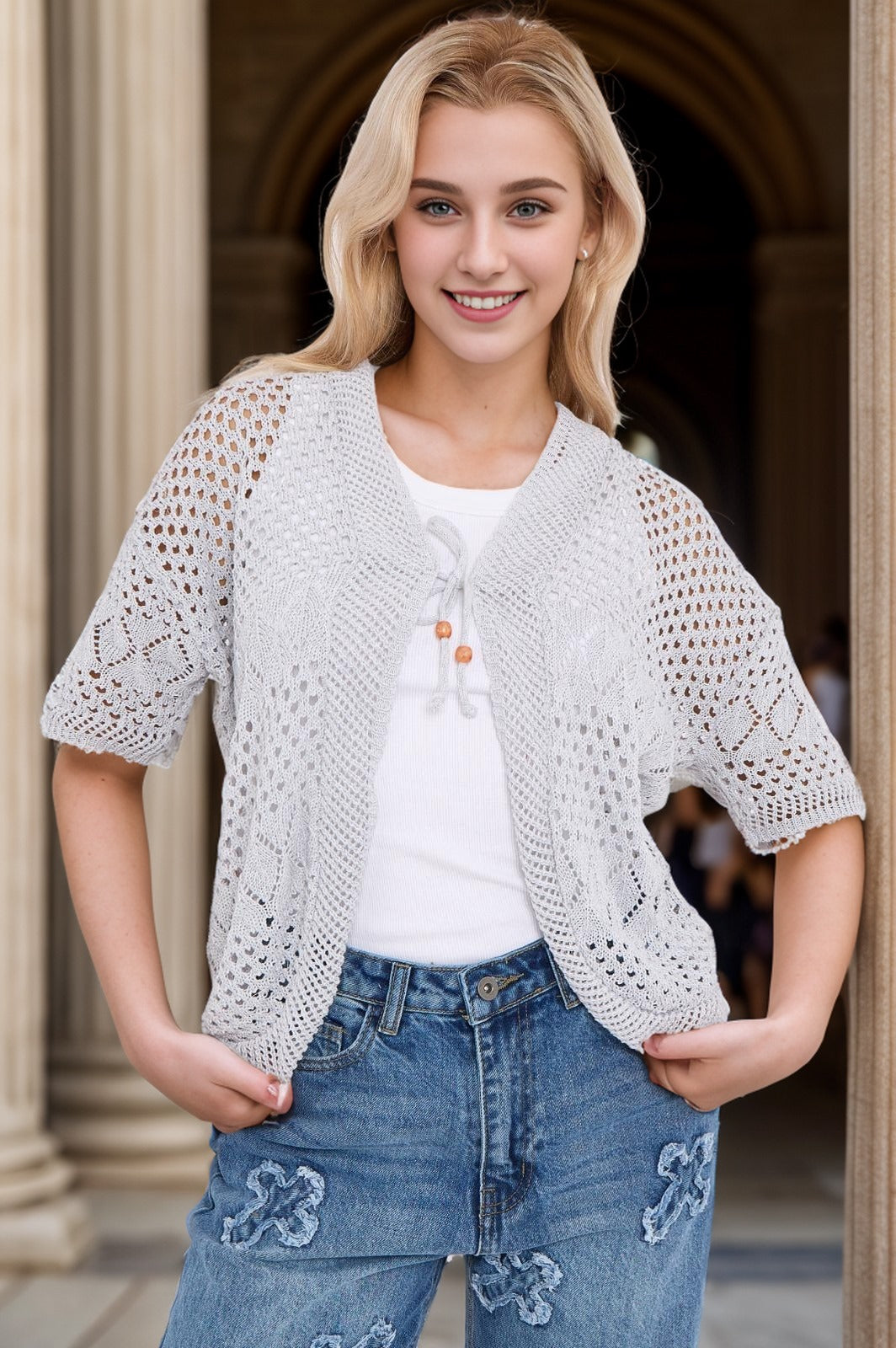 Cropped Bolero Short Crochet Knit Cardigan White