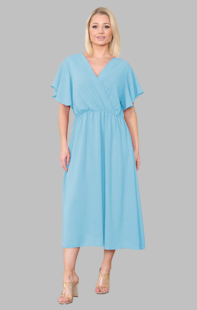 Wrap Over Ruched Waist Midi Dress