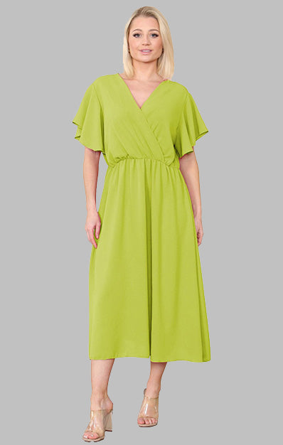 Wrap Over Ruched Waist Midi Dress