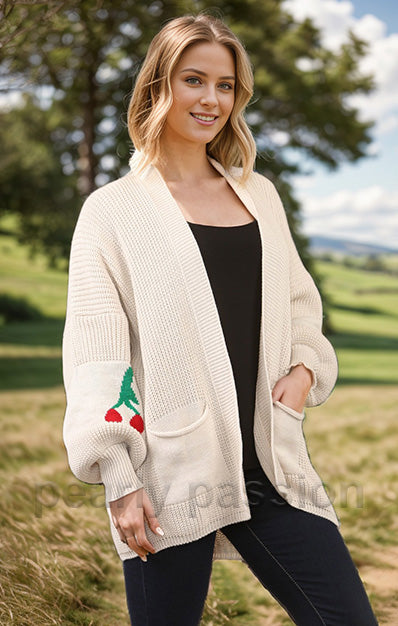 Cherry Balloon Sleeve Knitted Cardigan Black