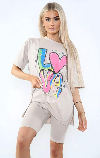 LOVE Slogan Print Two Piece Set