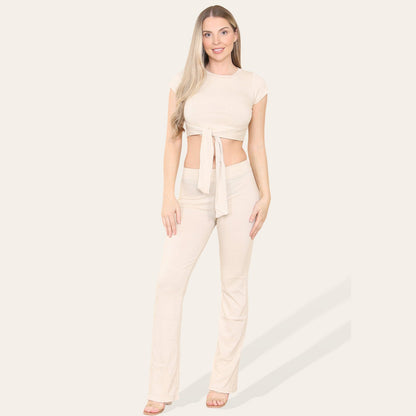 Front Cropped Tie Belt Ribbed Trousers Set Green