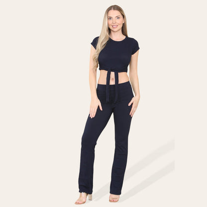 Front Cropped Tie Belt Ribbed Trousers Set Green