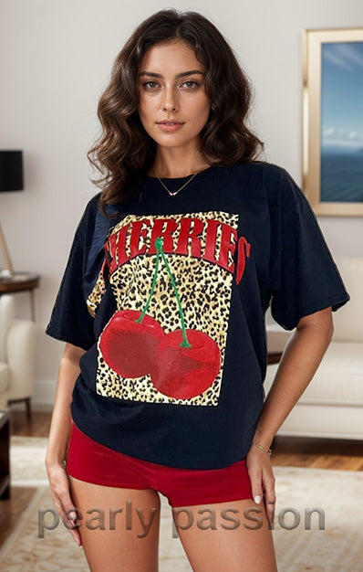 Leopard Cherries Print T-Shirt Black