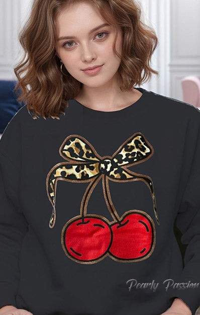 Leopard Bow Cherries Print Sweatshirt Black