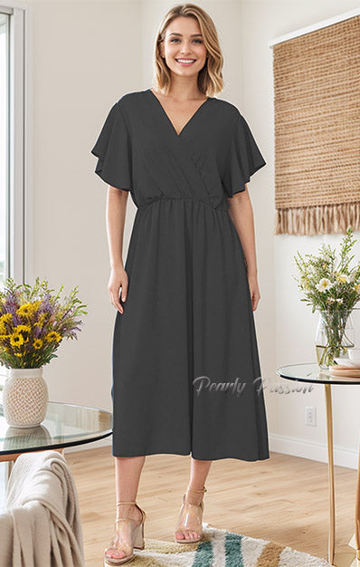 Frill Sleeve Swing Flared Ruched Top Midi Dress