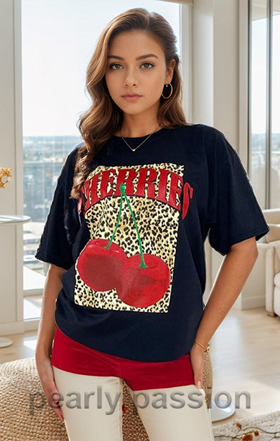 Leopard Cherries Print T-Shirt Black