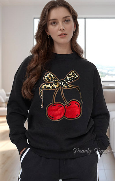 Leopard Bow Cherries Print Sweatshirt Black