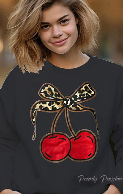 Leopard Bow Cherries Print Sweatshirt Black