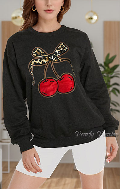 Leopard Bow Cherries Print Sweatshirt Black