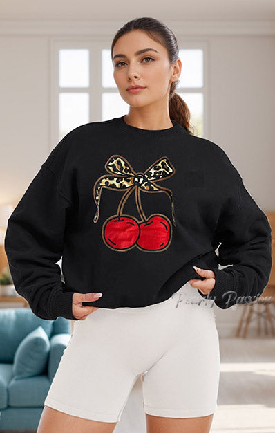 Leopard Bow Cherries Print Sweatshirt Black