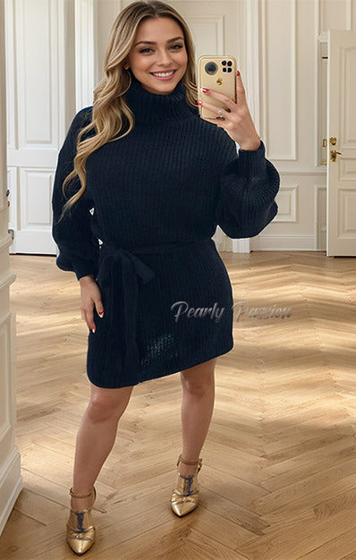 Long Balloon Sleeve Chunky Knitted Ribbed Jumper Dress