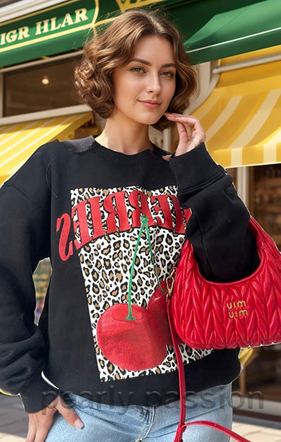 Leopard Cherries Print Sweatshirt Black