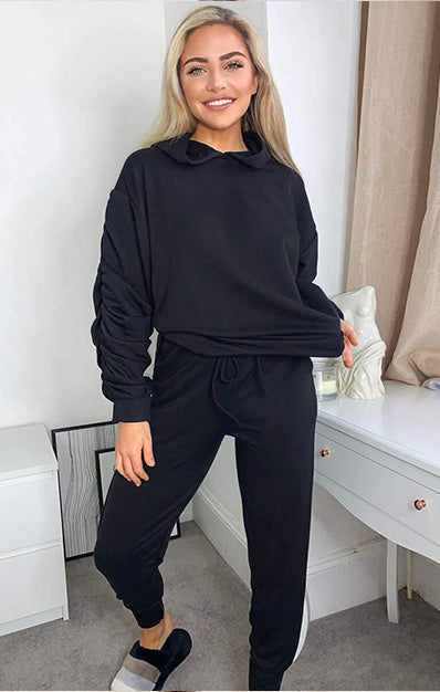 Hoodies Tops Pants 2Pcs Set Black