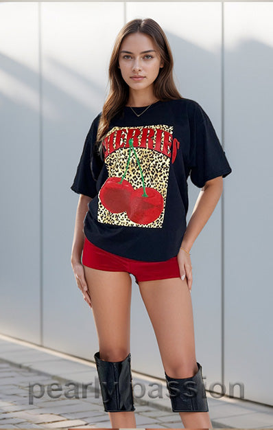 Leopard Cherries Print T-Shirt Black