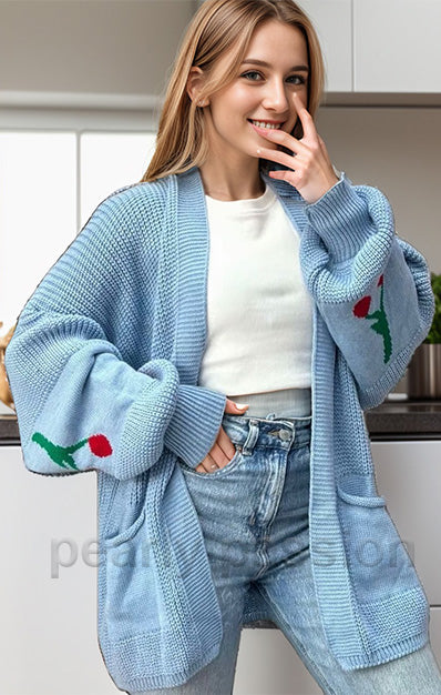 Cherry Balloon Sleeve Knitted Cardigan Beige