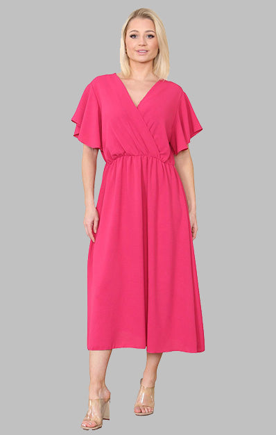 Wrap Over Ruched Waist Midi Dress