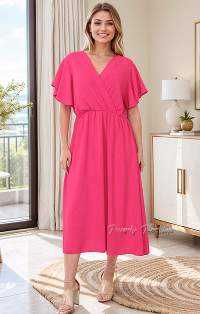 Frill Sleeve Swing Flared Ruched Top Midi Dress