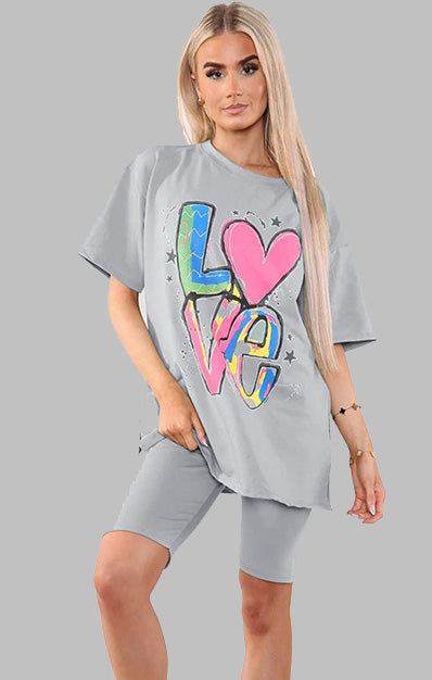 LOVE Slogan Print Two Piece Set