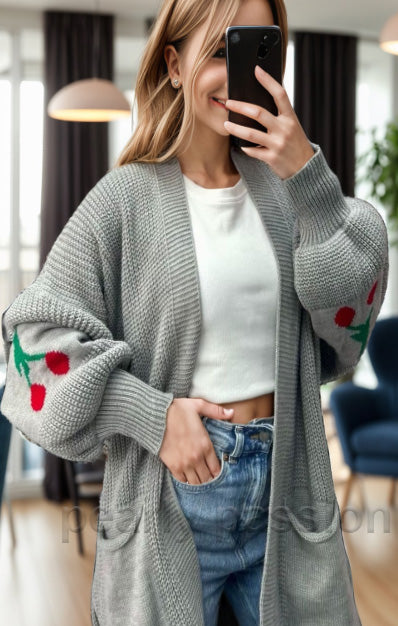 Cherry Balloon Sleeve Knitted Cardigan Black