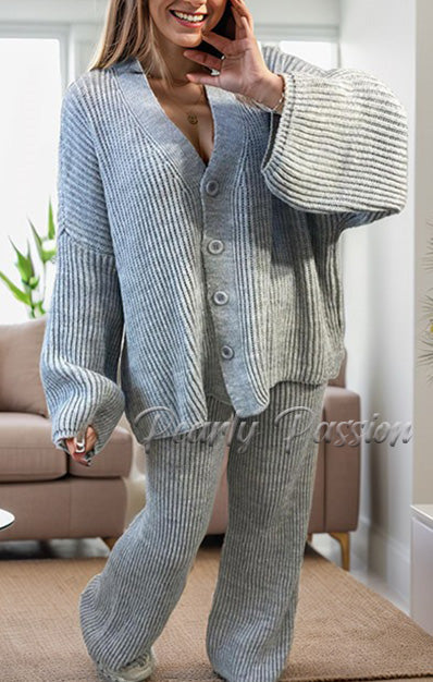 Chunky Knitted 4 Button Up Cardigan Wide Leg Trousers