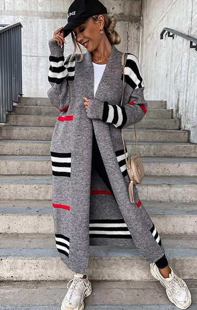 Striped Knitted Grandad Maxi Cardigan