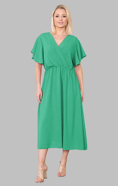 Wrap Over Ruched Waist Midi Dress