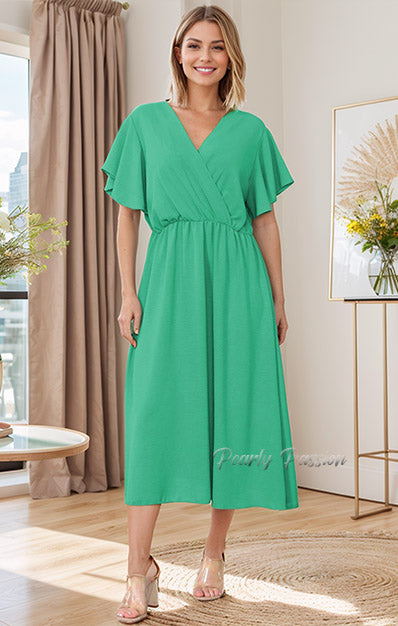 Frill Sleeve Swing Flared Ruched Top Midi Dress