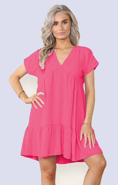 Tiered Smock Dress Hot Pink