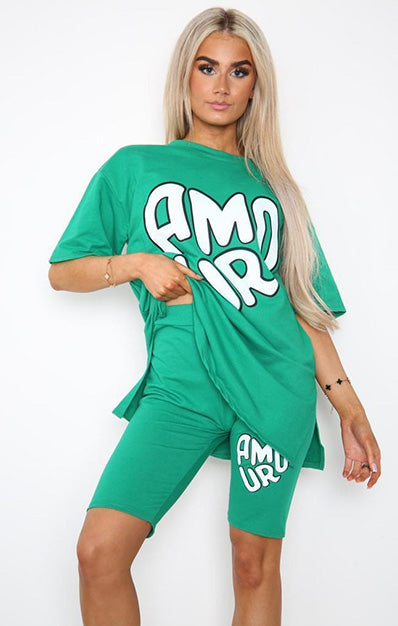 AMOUR Slogan Print Cycling Short & Side Slit T-Shirt Set