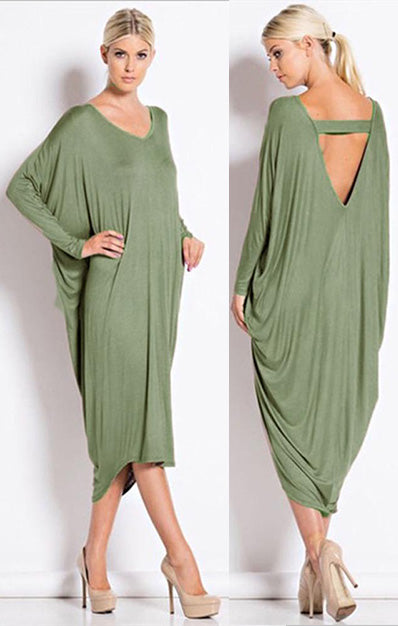 Backless Baggy Long Sleeves Midi Dress