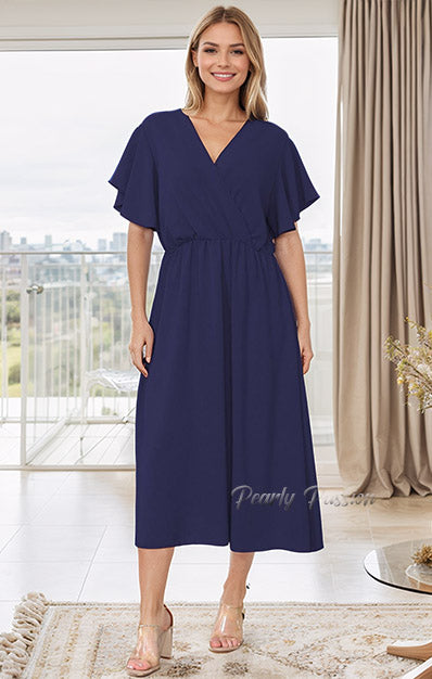 Frill Sleeve Swing Flared Ruched Top Midi Dress