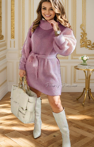 Long Balloon Sleeve Chunky Knitted Ribbed Jumper Dress