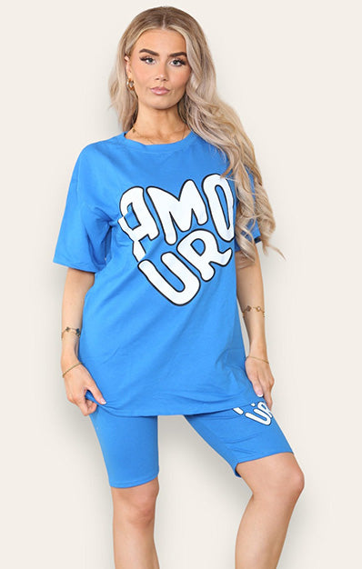 AMOUR Slogan Print Cycling Short & Side Slit T-Shirt Set