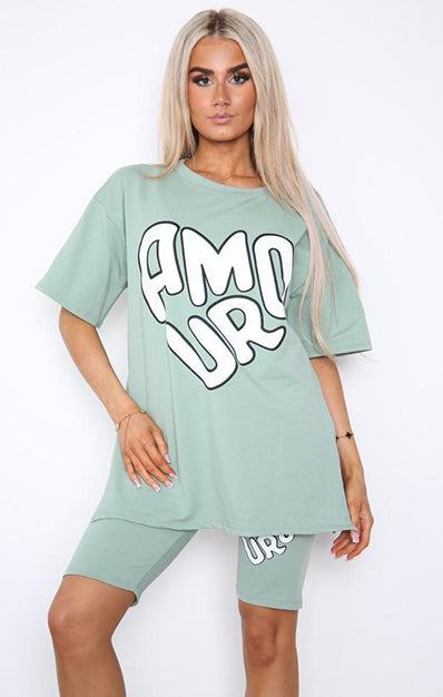 AMOUR Slogan Print Cycling Short & Side Slit T-Shirt Set