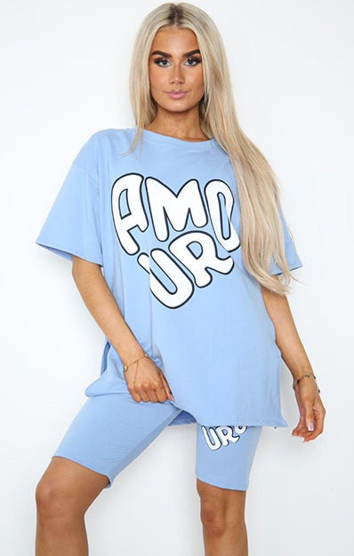 AMOUR Slogan Print Cycling Short & Side Slit T-Shirt Set