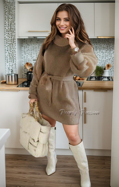 Long Balloon Sleeve Chunky Knitted Ribbed Jumper Dress