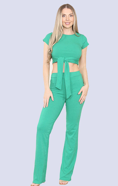 Front Cropped Tie Belt Ribbed Trousers Set Green