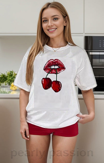 Lip Cherry Print T-Shirt Black